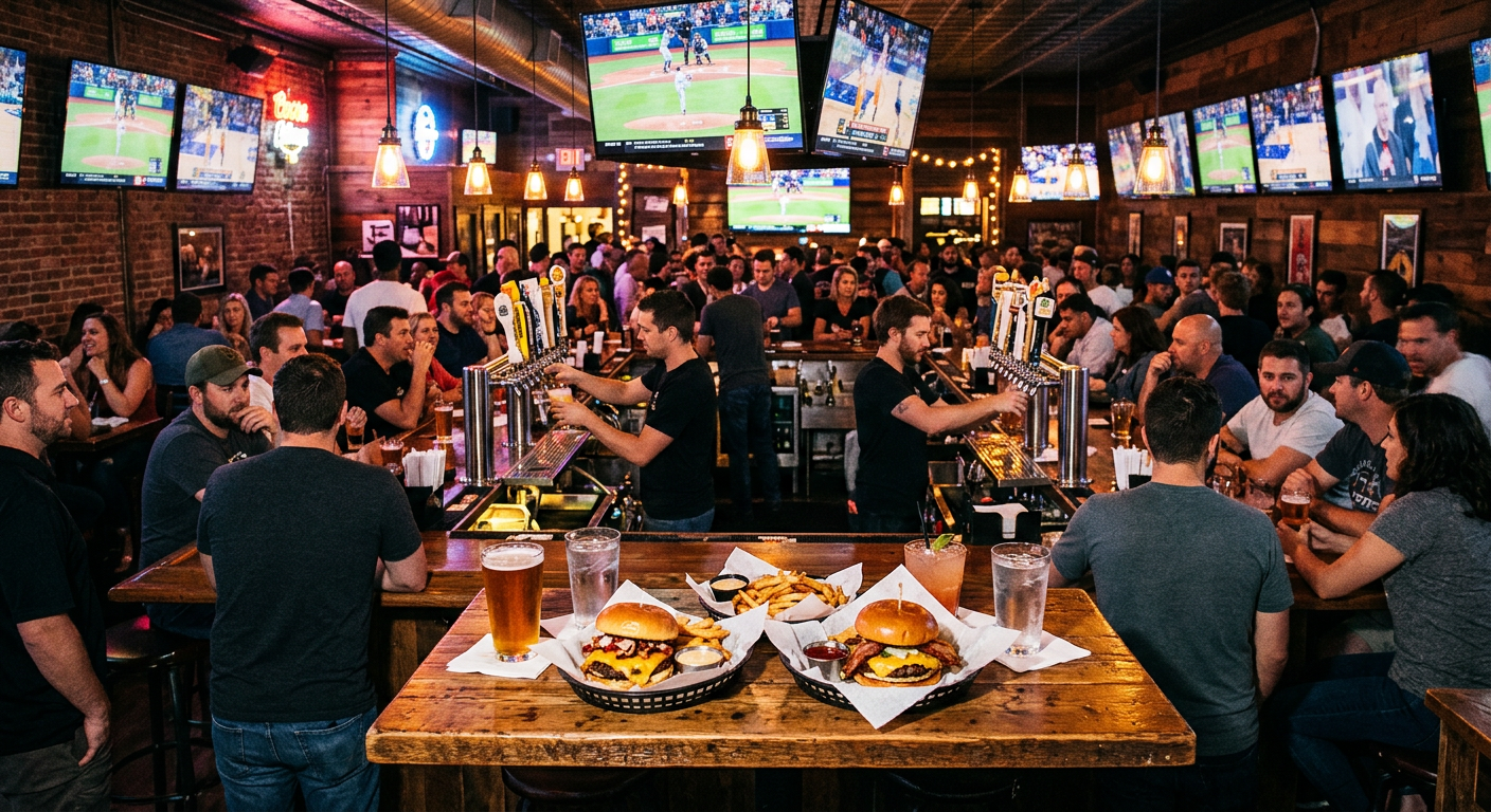 Busy taproom with TVs, beer taps, and burgers