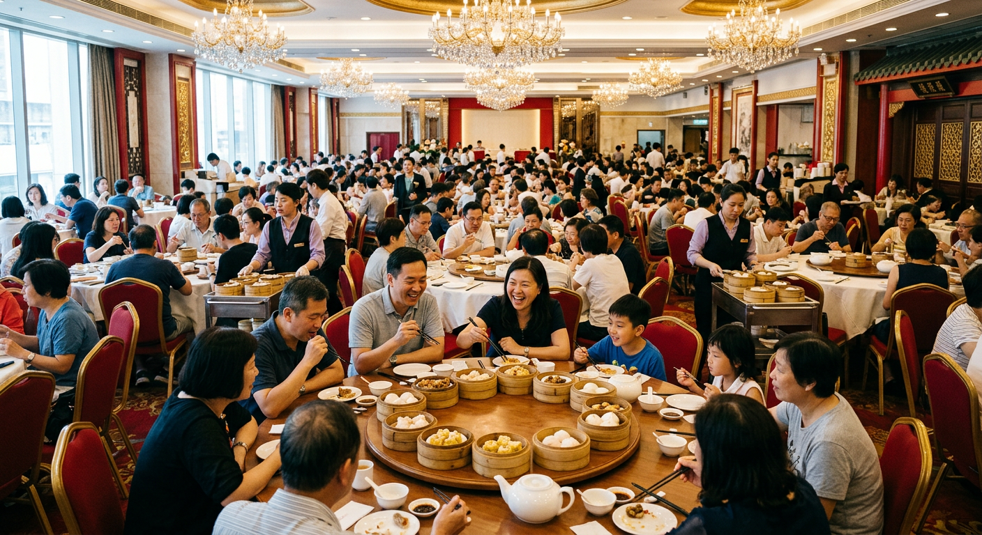 Large dim sum banquet hall with round tables and chandeliers