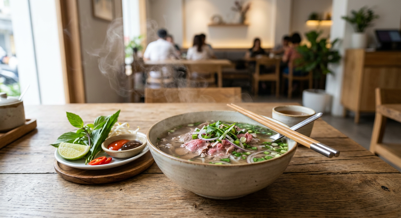 Steaming bowl of pho with fresh herbs and lime