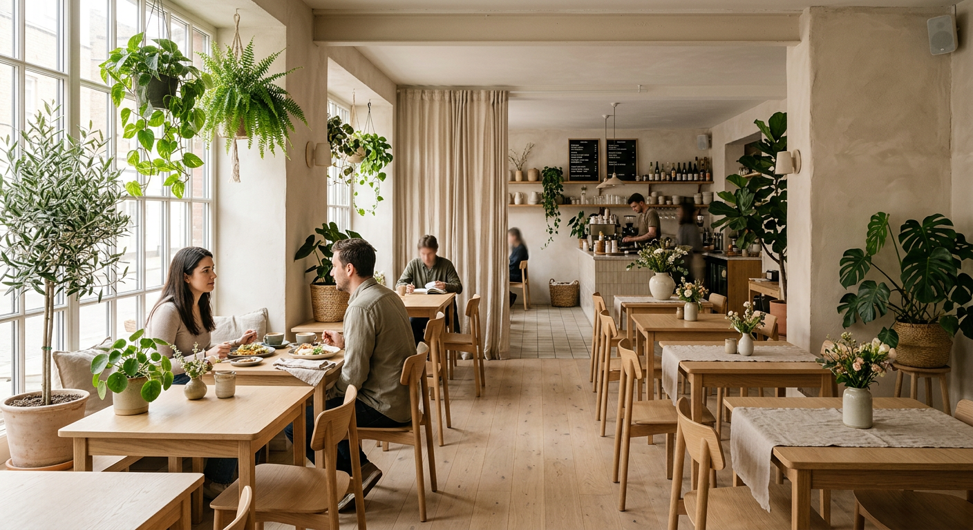 Sunlit café interior with wooden tables and plants
