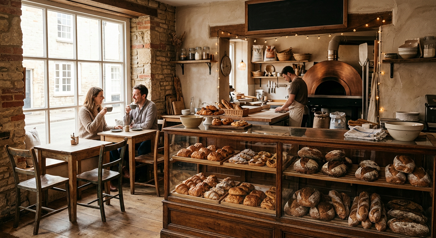 Cozy bakery with a display of croissants and bread