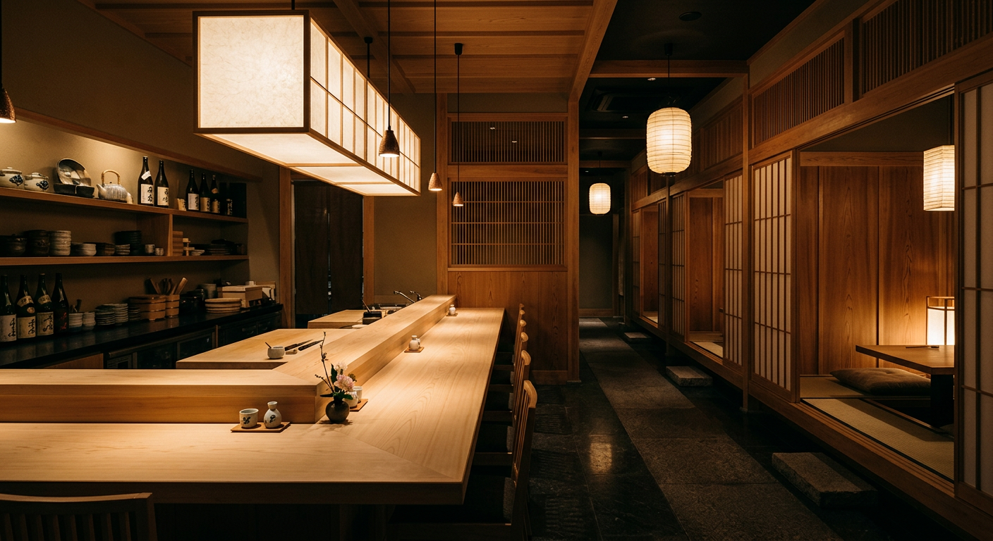Minimal Japanese dining room with paper lanterns and wooden booths