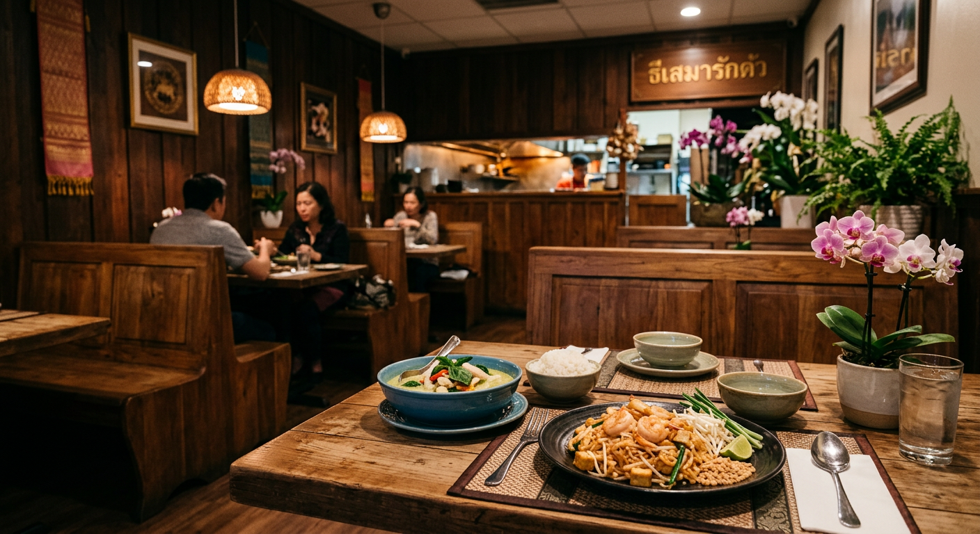 Small Thai restaurant with teak booths and orchids