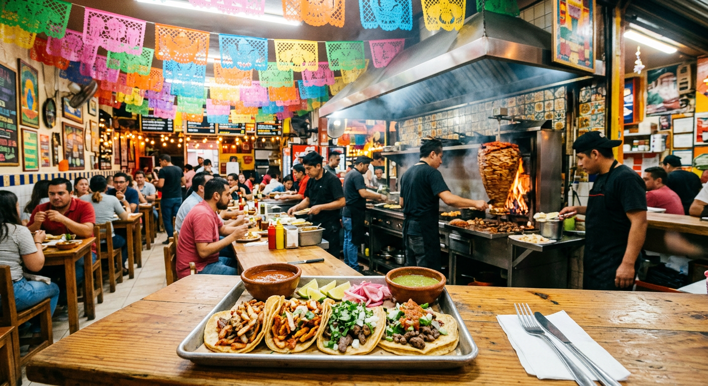 Bright, colorful taqueria with an open grill