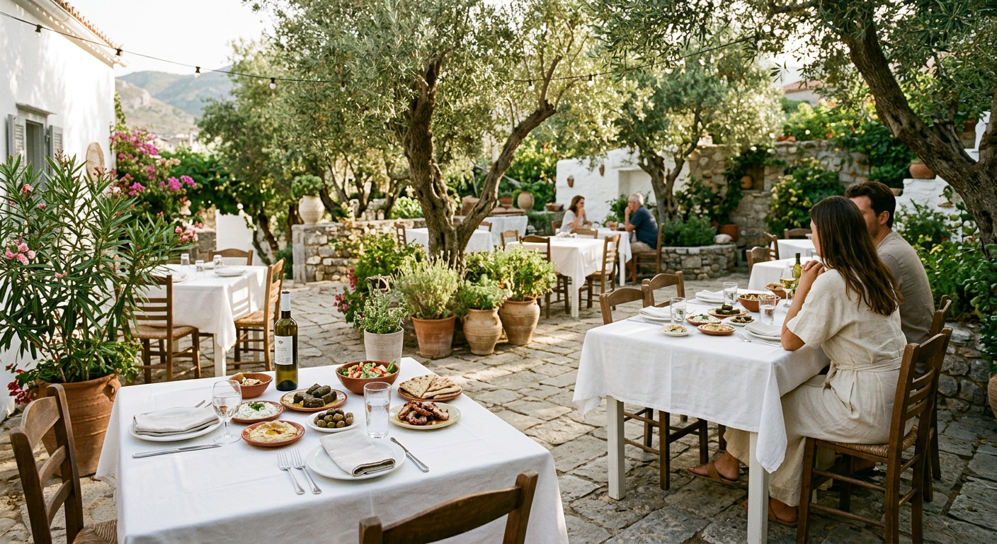 Garden patio with olive trees and white linen tables