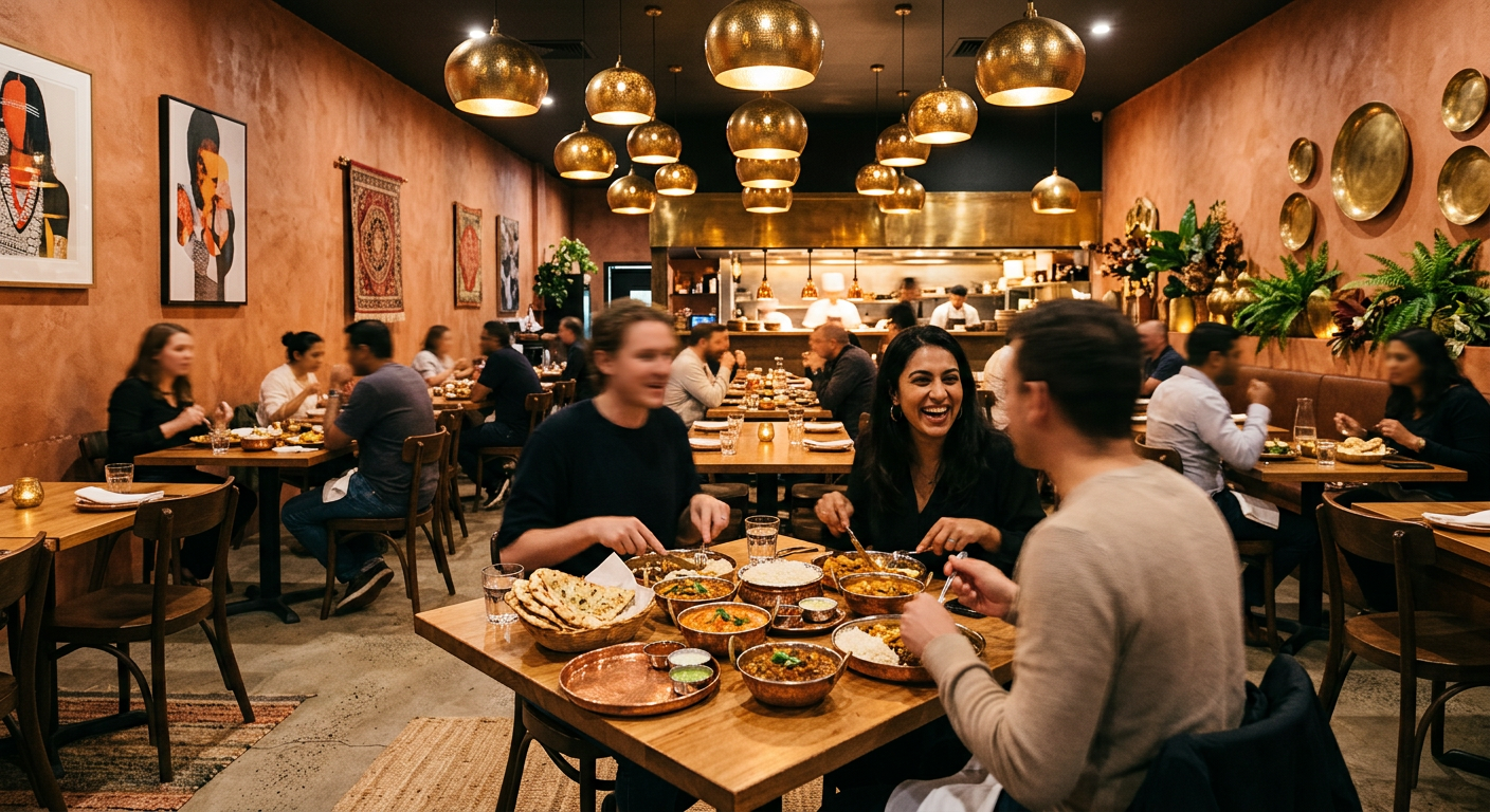 Warmly lit Indian restaurant with copper serving bowls